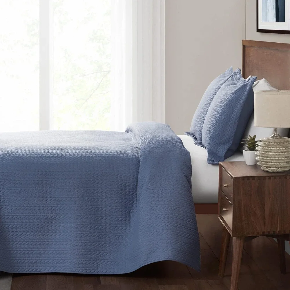 3 Piece Quilt Set, Coverlet Set, Pinsonic Quilted. Queen Size 90x96‎ inches Blue